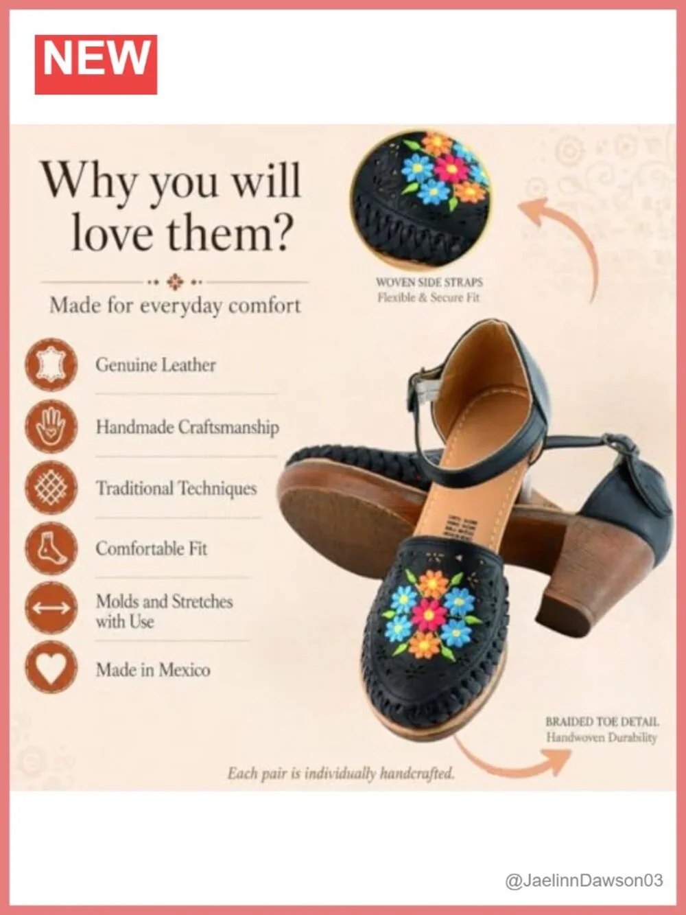 Handmade Genuine Leather Embroidered Block Heel Sandals with Ankle Strap
